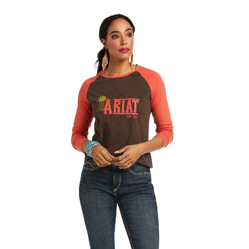 10038063 Ariat Women's REAL Graphic LS Tee Chocovine heather Collared Crew Neck Turtle Neck