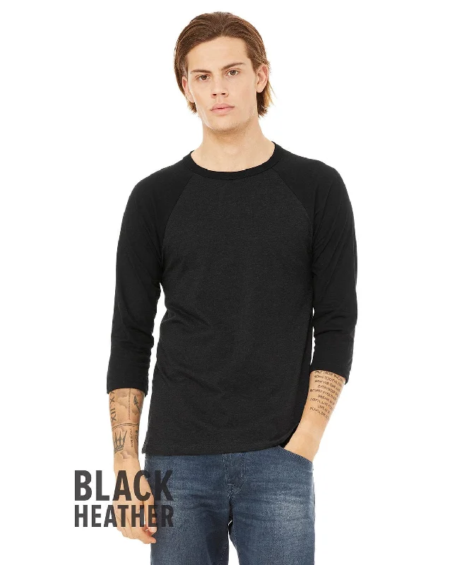 Bella+Canvas Unisex Triblend 3/4-Sleeve Baseball T-Shirt | Blk Heather/ Blk Mesh Blend Leather Blend Suede Blend Bella+Canvas Unisex Triblend 3/4-Sleeve Baseball T-Shirt | Blk Heather/ Blk Mesh Blend Leather Blend Suede Blend