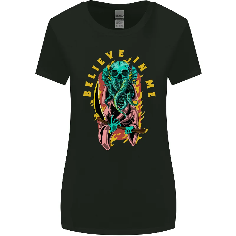 Cthulhu Believe in Me Octopus Kraken Skull Womens Wider Cut T-Shirt Hooded Caped Shawl Collar Cthulhu Believe in Me Octopus Kraken Skull Womens Wider Cut T-Shirt Hooded Caped Shawl Collar