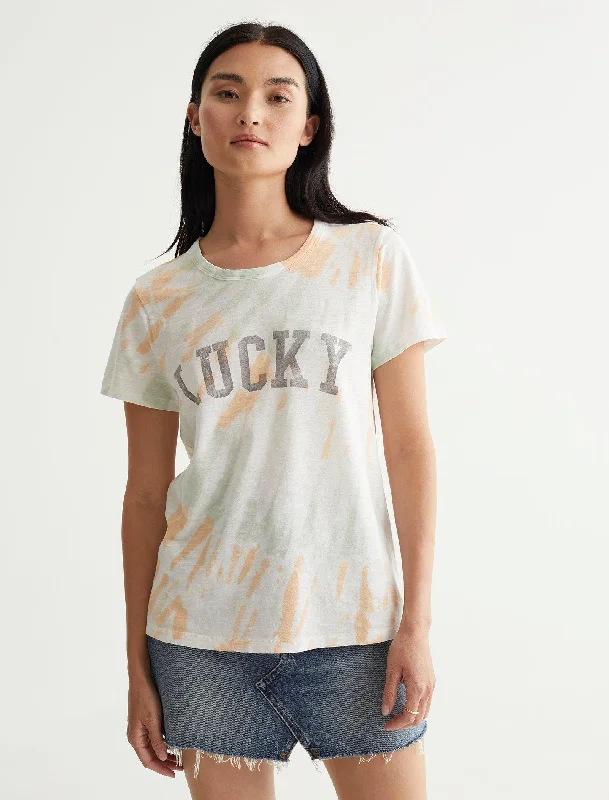 Lucky Brand Womens Lucky Font Classic Tee Embroidered Appliqued Beaded