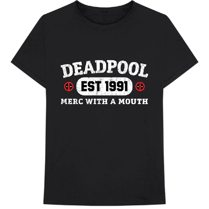 Marvel Comics | Official Band T-Shirt | Deadpool Merc With A Mouth Denim Fabric Leather Fabric Suede Fabric Marvel Comics | Official Band T-Shirt | Deadpool Merc With A Mouth Denim Fabric Leather Fabric Suede Fabric