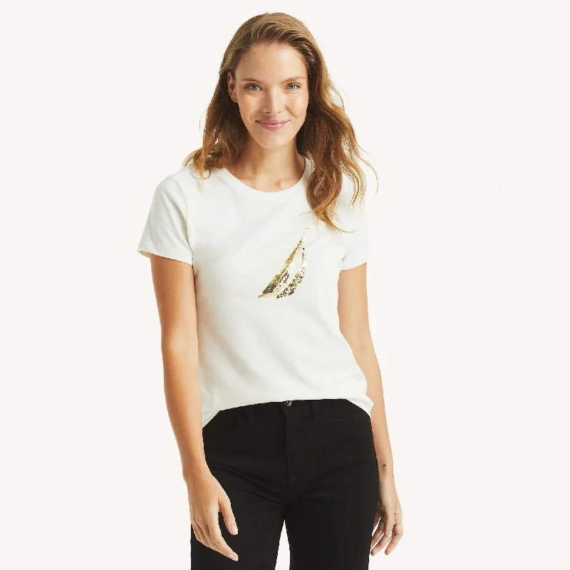 Nautica Womens Sustainably Crafted J-Class Sequin Graphic T-Shirt Notch Collar Peter Pan Collar Cowl Neck Nautica Womens Sustainably Crafted J-Class Sequin Graphic T-Shirt Notch Collar Peter Pan Collar Cowl Neck