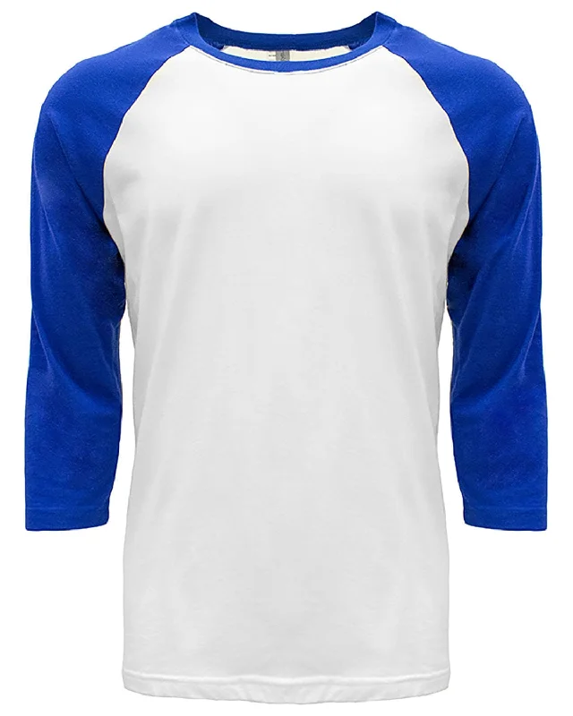 Next Level Unisex CVC 3/4 Sleeve Raglan Baseball T-Shirt | Royal/ White Polka Dot Checkered Tartan Next Level Unisex CVC 3/4 Sleeve Raglan Baseball T-Shirt | Royal/ White Polka Dot Checkered Tartan