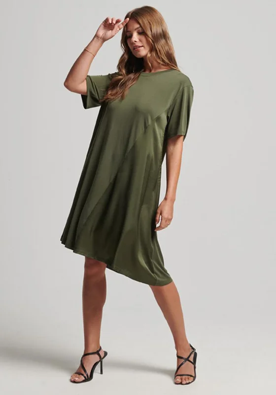 Superdry Womens Mix Fabric T-Shirt Dress, Green Striped Floral Plaid