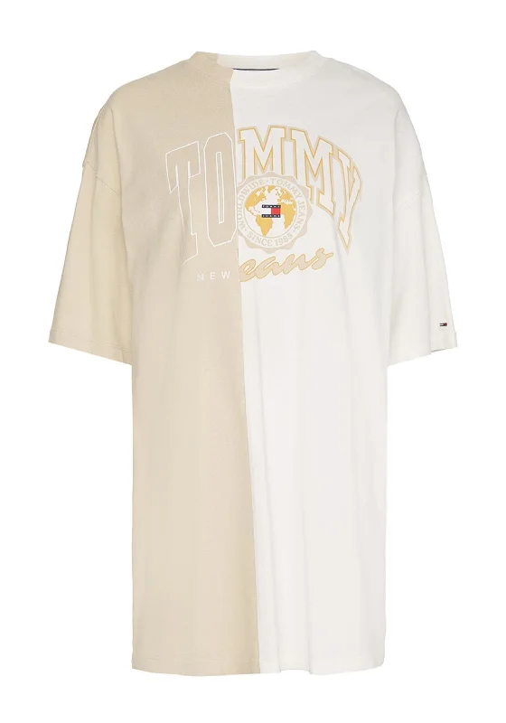 Tommy Jeans Womens Colour Block T-Shirt Dress, Beige & White Lace Blend Ribbed Blend Corduroy Blend