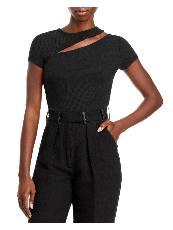 Womens Cut Out Ribbed Trim T-Shirt Cotton Fabric Linen Fabric Terry Fabric