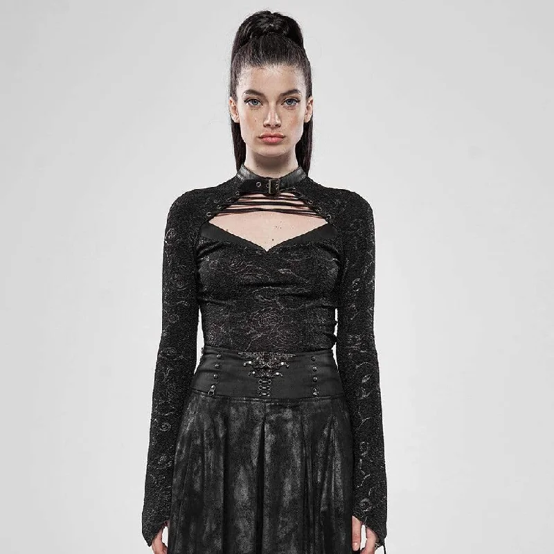 Women's Goth Cutout Toned Horn Sleeved Printed T-shirts Mesh Canvas Denim