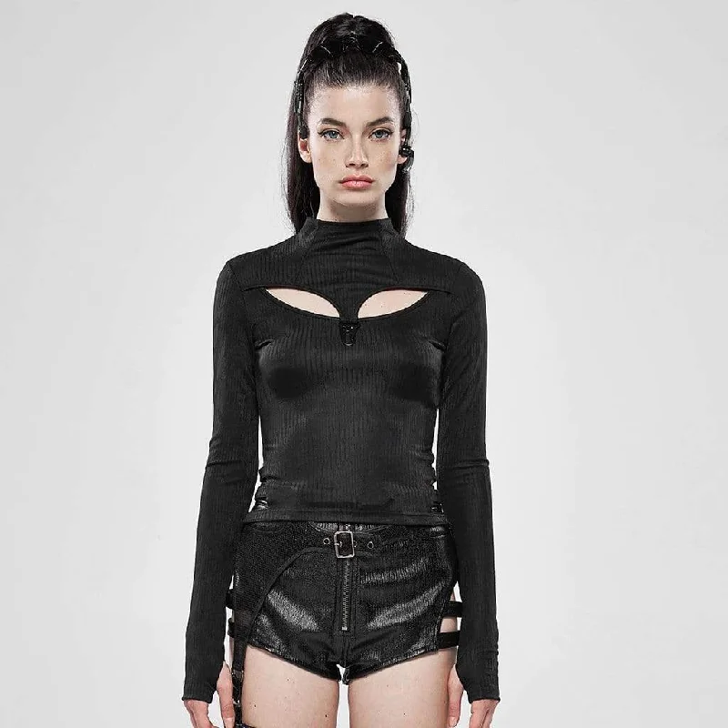 Women's Goth Hollow Out Long Sleeved Slim Fitted T-shirts Asymmetrical Pockets Print Women's Goth Hollow Out Long Sleeved Slim Fitted T-shirts Asymmetrical Pockets Print