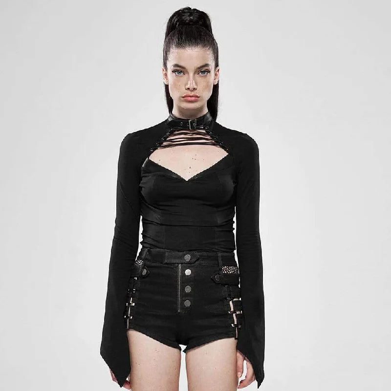 Women's Goth Hollow Out Toned Horn Sleeved Black T-shirts Hooded Caped Shawl Collar