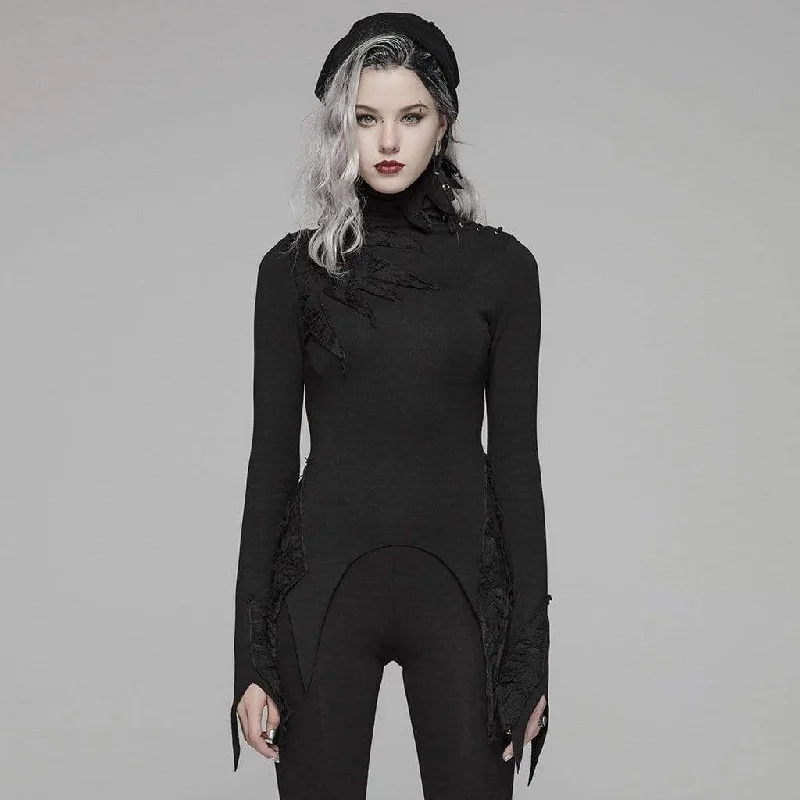 Women's Goth Turtleneck Flare Sleeved Iregular T-shirts Chenille Fabric Brocade Fabric Lace Fabric