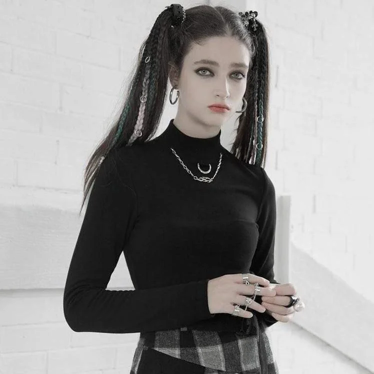 Women's Grunge Stand Collar Long Sleeved Fitted T-shirts With Necklace Jersey Fabric Tulle Fabric Batik Fabric Women's Grunge Stand Collar Long Sleeved Fitted T-shirts With Necklace Jersey Fabric Tulle Fabric Batik Fabric