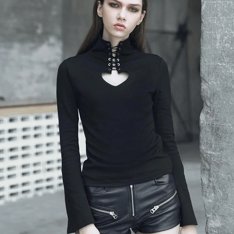 Women's High Neck Heart Hollow Tie Rope Velvet Long-Sleeved T-shirt Fleece Nylon Spandex Women's High Neck Heart Hollow Tie Rope Velvet Long-Sleeved T-shirt Fleece Nylon Spandex