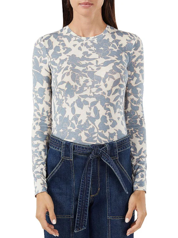 Womens Printed Crewneck T-Shirt Sequined Glittery Shiny