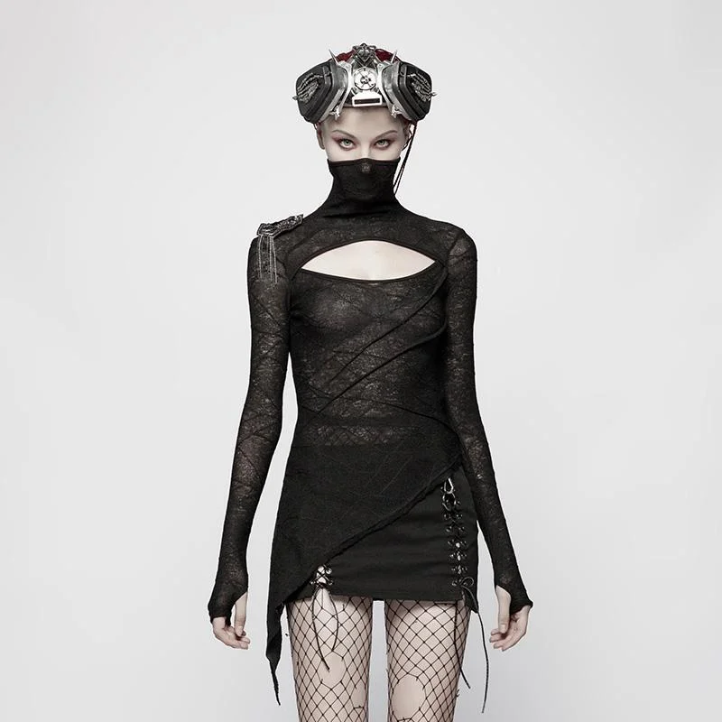Women's Punk Cropped Hight Collar T-shirt Anti-Pilling Machine Wash Handmade
