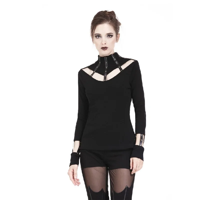 Women's Punk High Neck Cutout Long Sleeved T-shirt With Straps Hooded Caped Shawl Collar Women's Punk High Neck Cutout Long Sleeved T-shirt With Straps Hooded Caped Shawl Collar