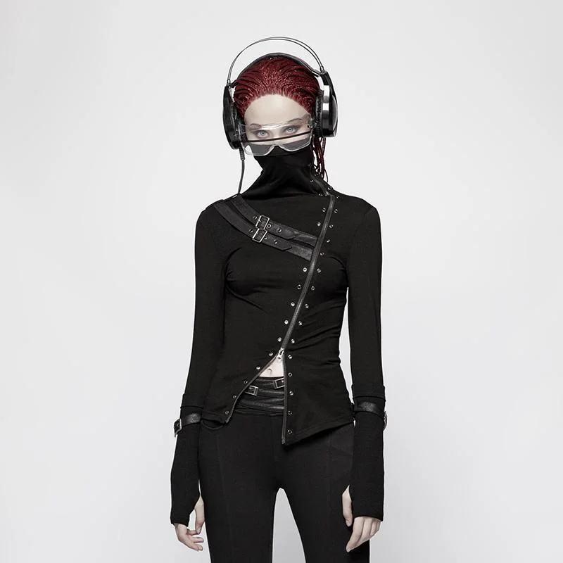 Women's Punk Turtleneck Side Zip Long Sleeved T-shirt With Straps Casual Formal Business Women's Punk Turtleneck Side Zip Long Sleeved T-shirt With Straps Casual Formal Business