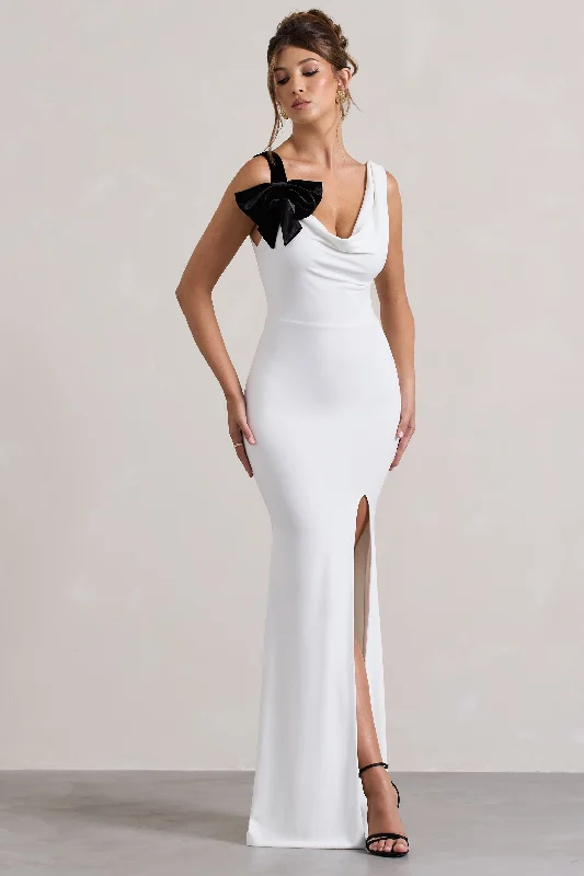 A Catch | White Cowl-Neck Fishtail Split Maxi Dress With Bow Trendy Fit-and-Flare Maxi Dress A Catch | White Cowl-Neck Fishtail Split Maxi Dress With Bow Trendy Fit-and-Flare Maxi Dress