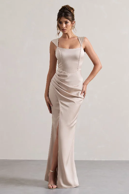 A Romantic | Champagne Satin Corset Wrap Maxi Dress Elegant Maxi Dress with Lace
