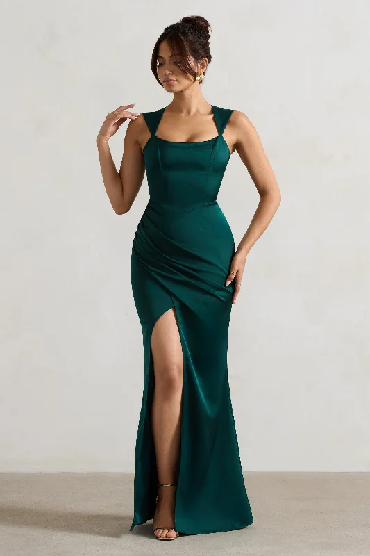 A Romantic | Bottle Green Satin Corset Wrap Maxi Dress Stylish A-Line Maxi Dress