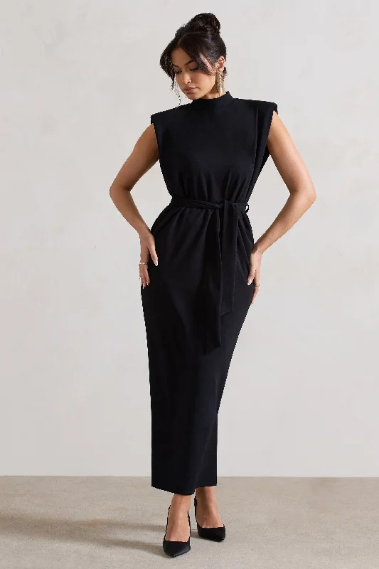 Abbie | Black High-Neck Maxi Dress With Tie Waist Elegant Floral Maxi Dress