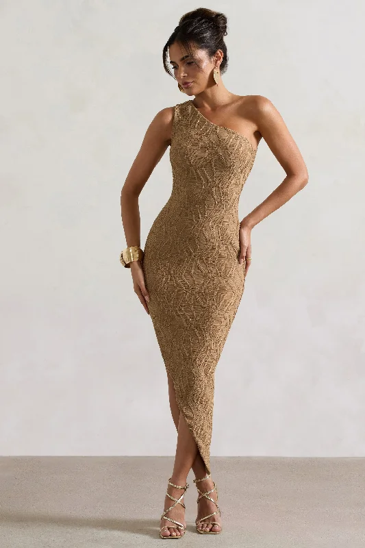 Abu Dhabi | Camel Textured Asymmetric Maxi Dress Elegant Velvet Maxi Dress