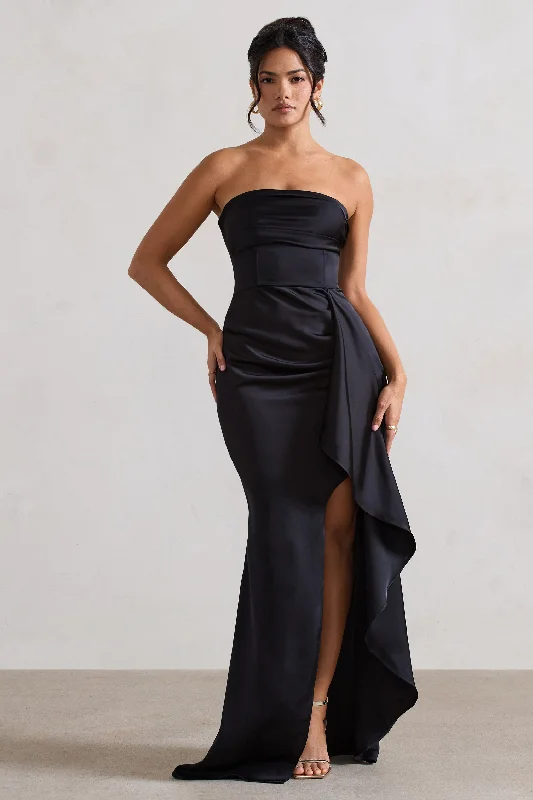 Ace | Black Satin Bandeau Split Maxi Dress With Ruffle Drape Trendy Button Front Maxi Dress Ace | Black Satin Bandeau Split Maxi Dress With Ruffle Drape Trendy Button Front Maxi Dress