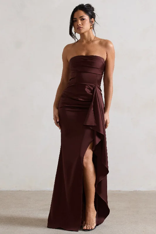 Ace | Chocolate Brown Satin Bandeau Split Maxi Dress With Ruffle Drape Cozy Wrap Maxi Dress Ace | Chocolate Brown Satin Bandeau Split Maxi Dress With Ruffle Drape Cozy Wrap Maxi Dress