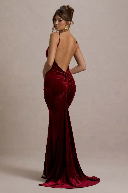Adele | Berry Velvet Ruched Strappy Fishtail Maxi Dress Fashionable Halter Neck Maxi Dress Adele | Berry Velvet Ruched Strappy Fishtail Maxi Dress Fashionable Halter Neck Maxi Dress