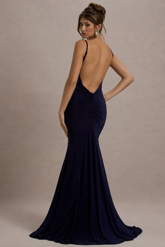 Adele | Navy Backless Ruched Fishtail Cami Maxi Dress Elegant Maxi Dress with Lace