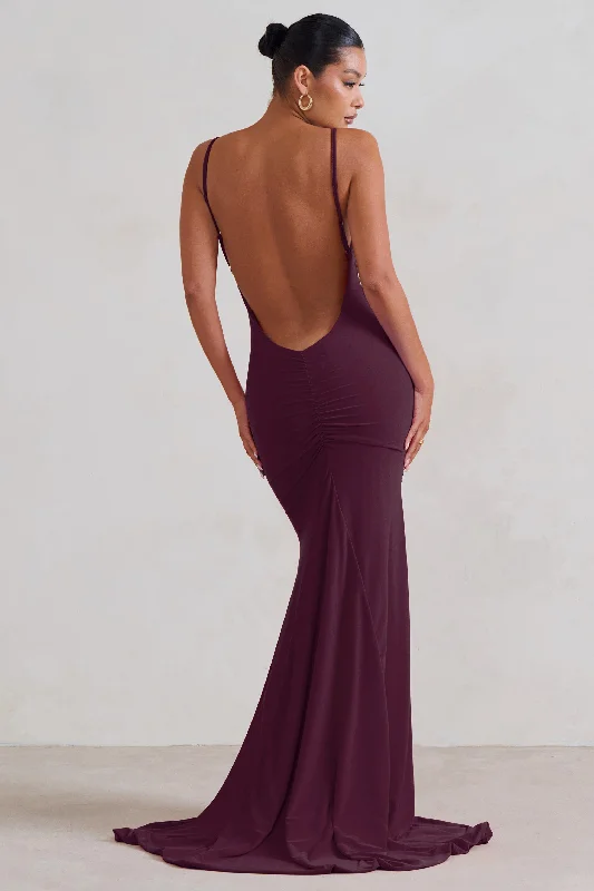 Adele | Plum Backless Ruched Fishtail Cami Maxi Dress Elegant Wraparound Maxi Dress