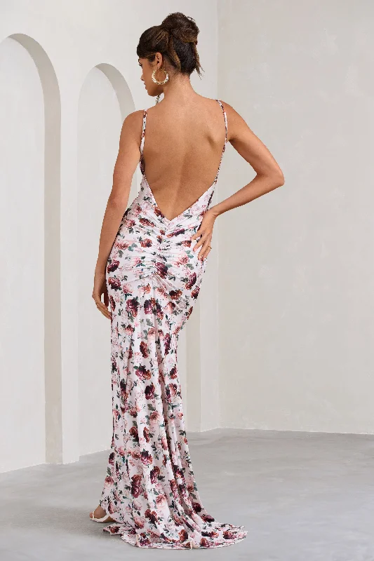 Adele | White Floral Print Backless Ruched Fishtail Cami Maxi Dress Trendy Printed Maxi Dress Adele | White Floral Print Backless Ruched Fishtail Cami Maxi Dress Trendy Printed Maxi Dress