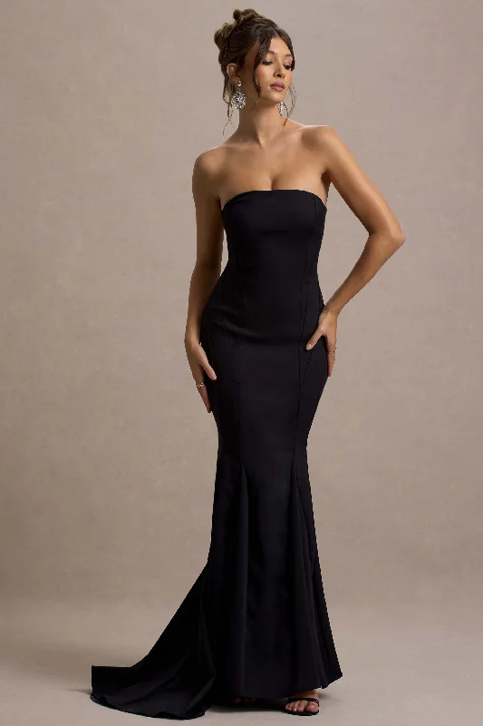Adored | Black Strapless Structured Fishtail Maxi Dress Stylish Maxi Dress with Pleats Adored | Black Strapless Structured Fishtail Maxi Dress Stylish Maxi Dress with Pleats