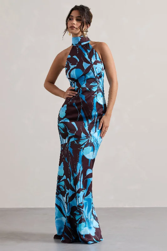 Adoria | Floral Print Satin High-Neck Maxi Dress Cozy Wrap Maxi Dress