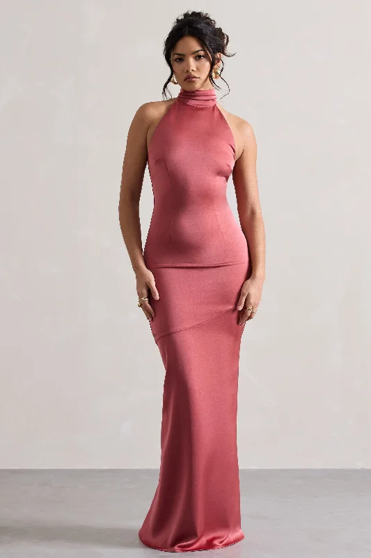 Adoria | Vintage Berry Satin High-Neck Maxi Dress Trendy V-Neck Maxi Dress