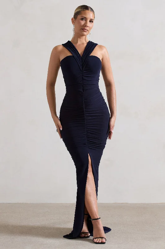 Aida | Navy Ruched V-Neck Split Maxi Dress Trendy Maxi Dress with Lace