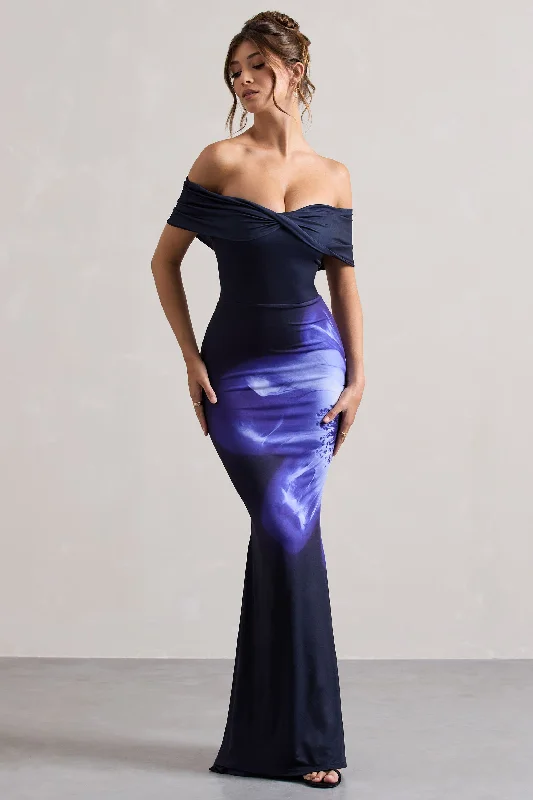 Alaia | Navy Floral Print Bardot Maxi Dress Comfortable Fit-and-Flare Maxi Dress