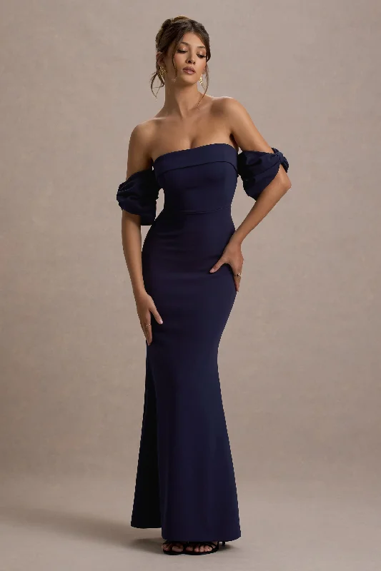 Alaine | Navy Bardot Maxi Dress With Bow Sleeves Cozy Open-Back Maxi Dress