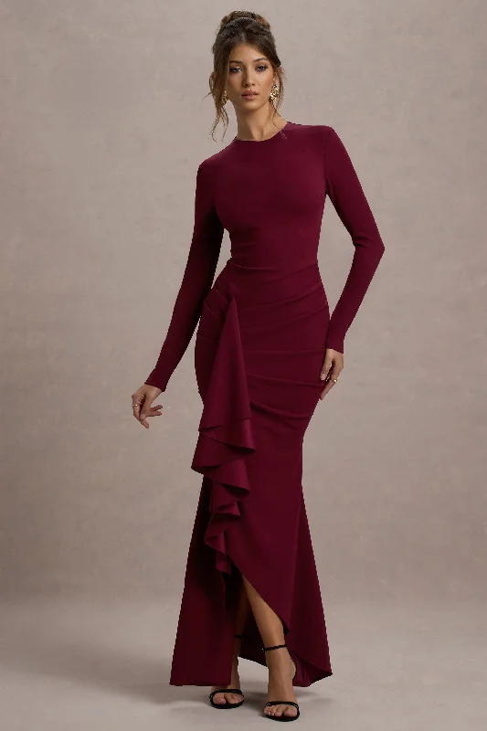 Alayna | Berry Long-Sleeve Maxi Dress With Ruffled Split Cozy Cold-Shoulder Maxi Dress Alayna | Berry Long-Sleeve Maxi Dress With Ruffled Split Cozy Cold-Shoulder Maxi Dress