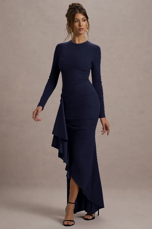 Alayna | Navy Long-Sleeve Maxi Dress With Ruffled Split Classic V-Neck Maxi Dress