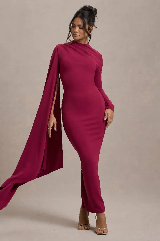 Aldona | Mulberry High-Neck Long-Sleeve Maxi Dress With Cape Sleeve Trendy Floral Print Maxi Dress Aldona | Mulberry High-Neck Long-Sleeve Maxi Dress With Cape Sleeve Trendy Floral Print Maxi Dress