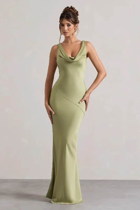Alesso | Light Olive Satin Cowl-Neck Maxi Dress Comfortable Ruffle Maxi Dress