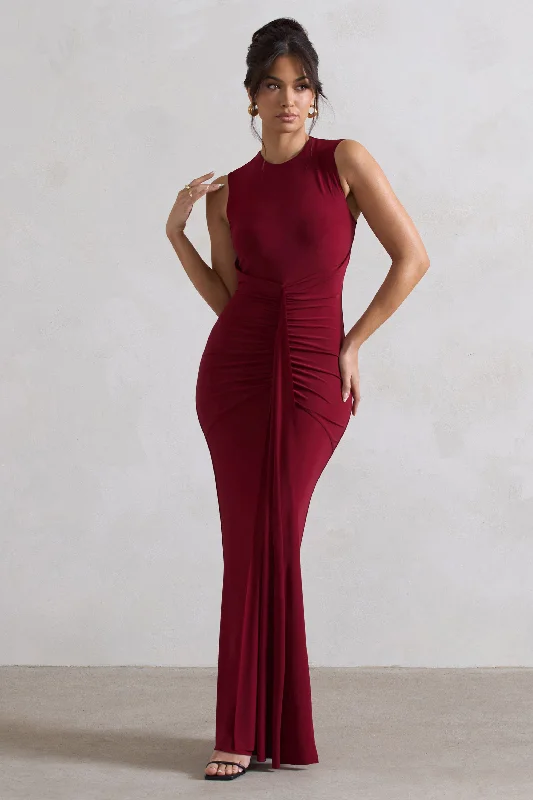 Alexa | Berry High-Neck Gathered Maxi Dress With Drape Comfortable Maxi Dress with Slits Alexa | Berry High-Neck Gathered Maxi Dress With Drape Comfortable Maxi Dress with Slits