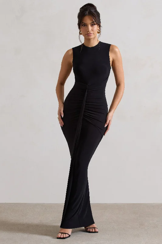 Alexa | Black High-Neck Gathered Maxi Dress With Drape Trendy Button Front Maxi Dress Alexa | Black High-Neck Gathered Maxi Dress With Drape Trendy Button Front Maxi Dress