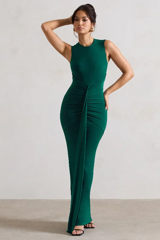 Alexa | Bottle Green High-Neck Gathered Maxi Dress With Drape Elegant Silk Maxi Dress Alexa | Bottle Green High-Neck Gathered Maxi Dress With Drape Elegant Silk Maxi Dress