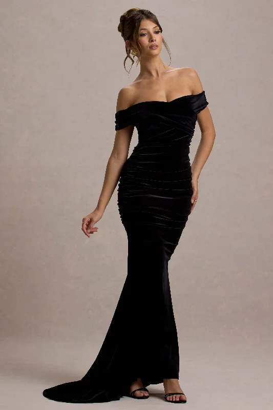 Apolline | Black Velvet Off The Shoulder Ruched Fishtail Maxi Dress Elegant Maxi Dress with Pockets Apolline | Black Velvet Off The Shoulder Ruched Fishtail Maxi Dress Elegant Maxi Dress with Pockets