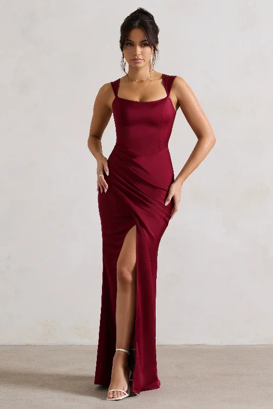A Romantic | Berry Satin Corset Wrap Maxi Dress Stylish Long Sleeve Maxi Dress