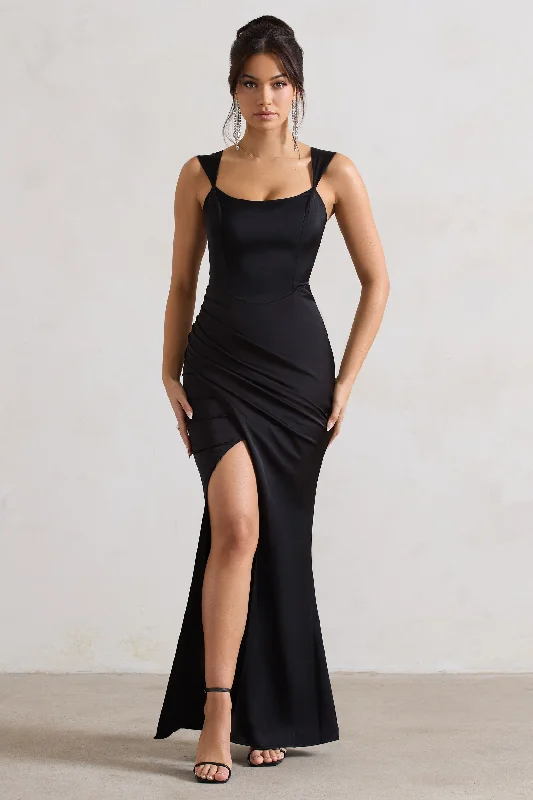 A Romantic | Black Satin Corset Wrap Maxi Dress Elegant Silk Maxi Dress