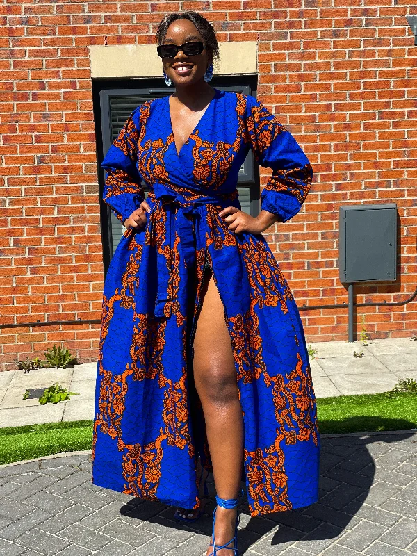 Bekky Ankara Maxi Dress | Blue and Orange African Print Elegant Tiered Maxi Dress