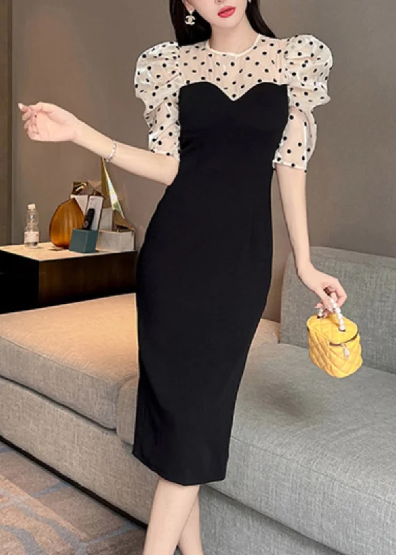 Bohemian Black O-Neck Tulle Patchwork Dot Maxi Dresses Puff Sleeve Stylish Maxi Dress with Frills Bohemian Black O-Neck Tulle Patchwork Dot Maxi Dresses Puff Sleeve Stylish Maxi Dress with Frills