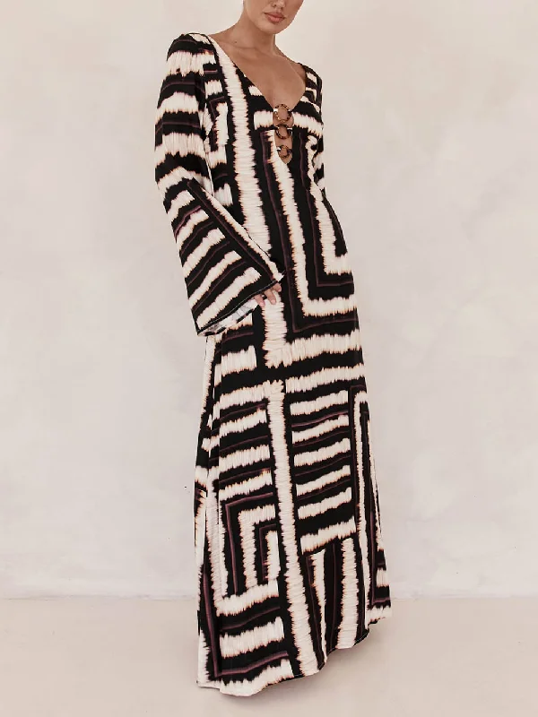Bohemian Style Unique Printed Graceful V Tie Ring Maxi Dress Comfortable Satin Maxi Dress Bohemian Style Unique Printed Graceful V Tie Ring Maxi Dress Comfortable Satin Maxi Dress